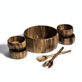 7 Piece - X-Large Salad Bowl with Servers and 4 Individuals (Material: acacia wood, Color: Brown)